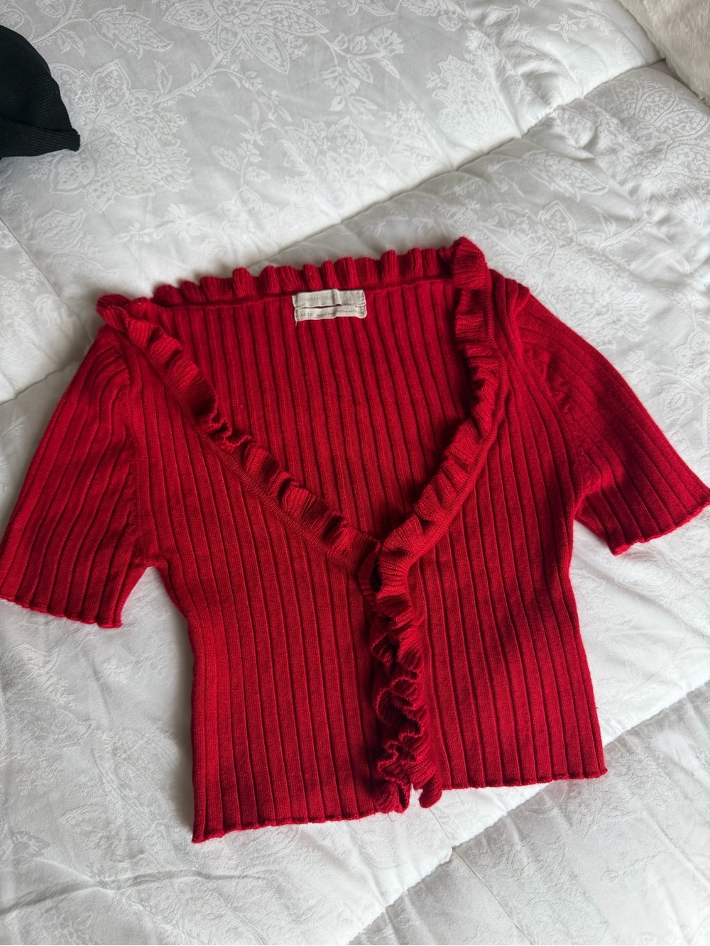 Urban Outfitters Red Ribbed Ruffle-Trim Short Sleeve Cardigan
